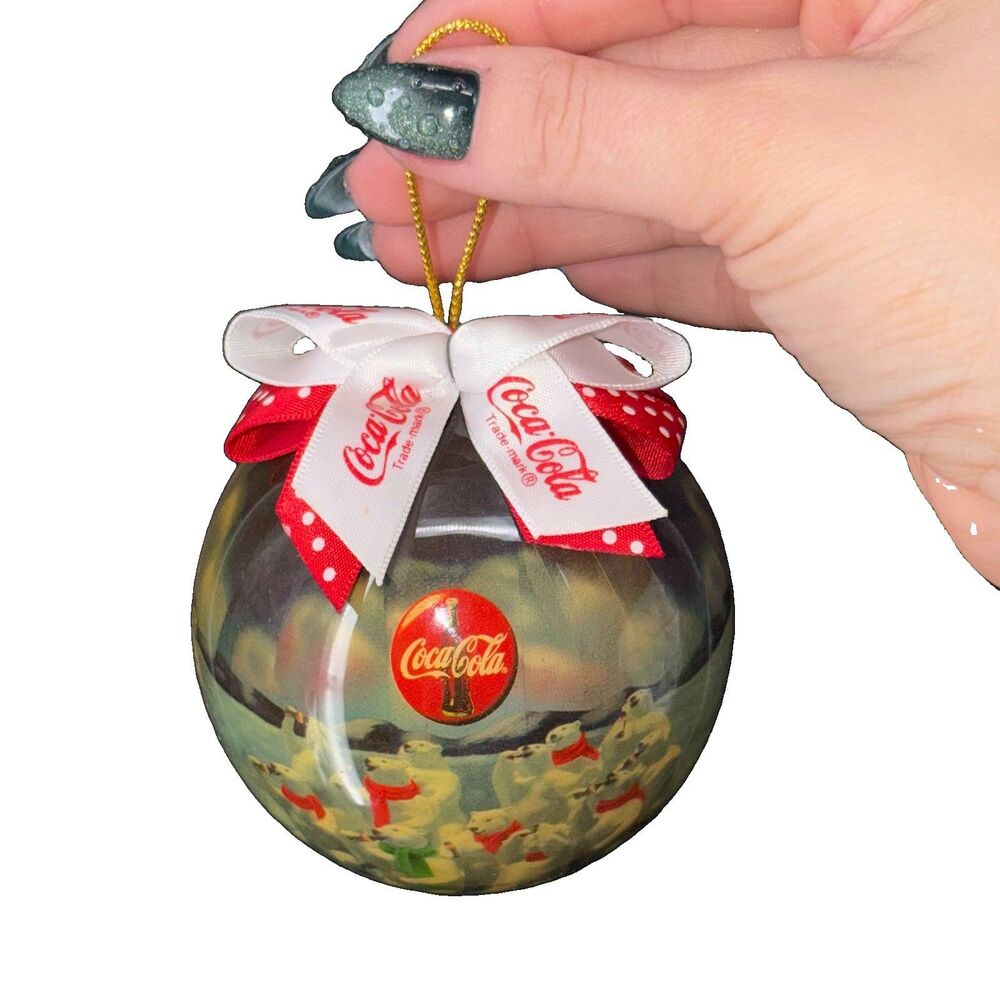 Vintage 1995 Coca Cola Polar Bear Christmas Ball Ornament Coke Bow 3”